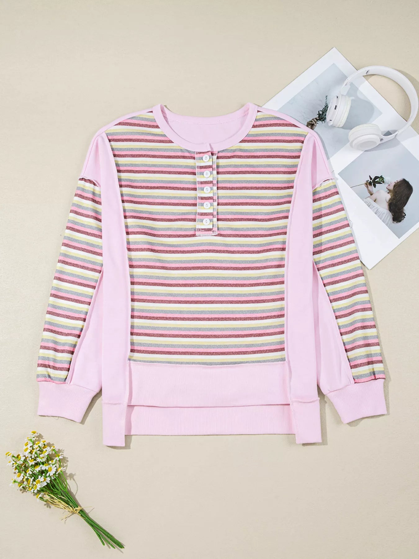 Exposed Seam Color Block Striped Patchwork Loose Henley Sweatshirt Trendsi