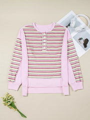 Exposed Seam Color Block Striped Patchwork Loose Henley Sweatshirt Trendsi