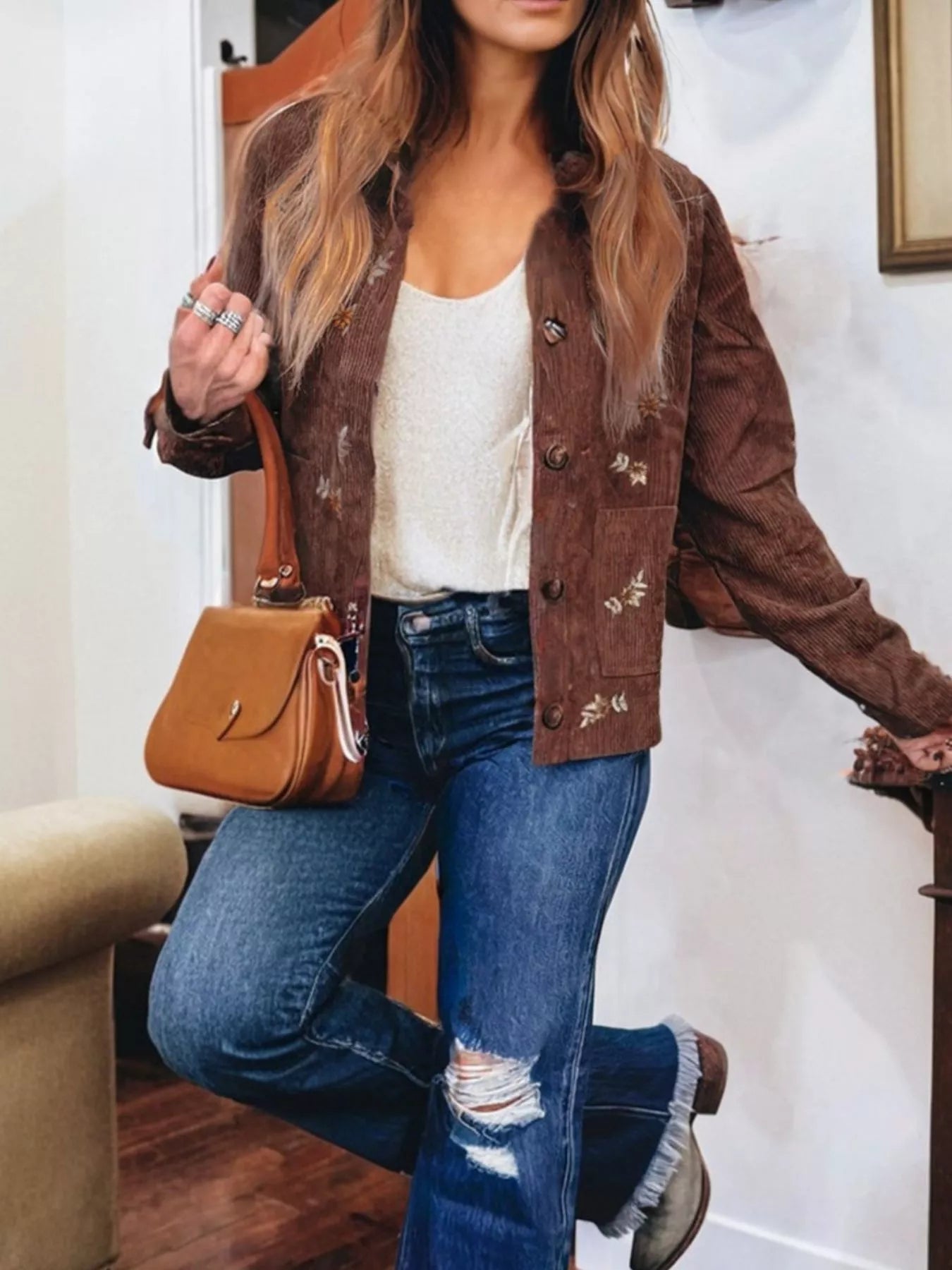 Floral Embroidered Collar Button Front Corduroy Jacket Trendsi