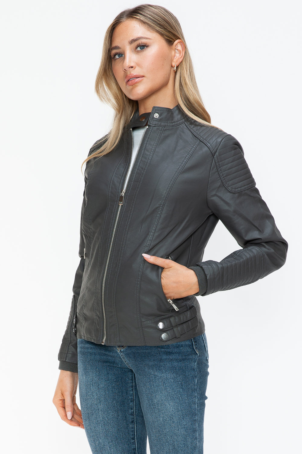 Outfit Flow - Snobbish Faux Leather Biker Jacket with Side Zip Pockets