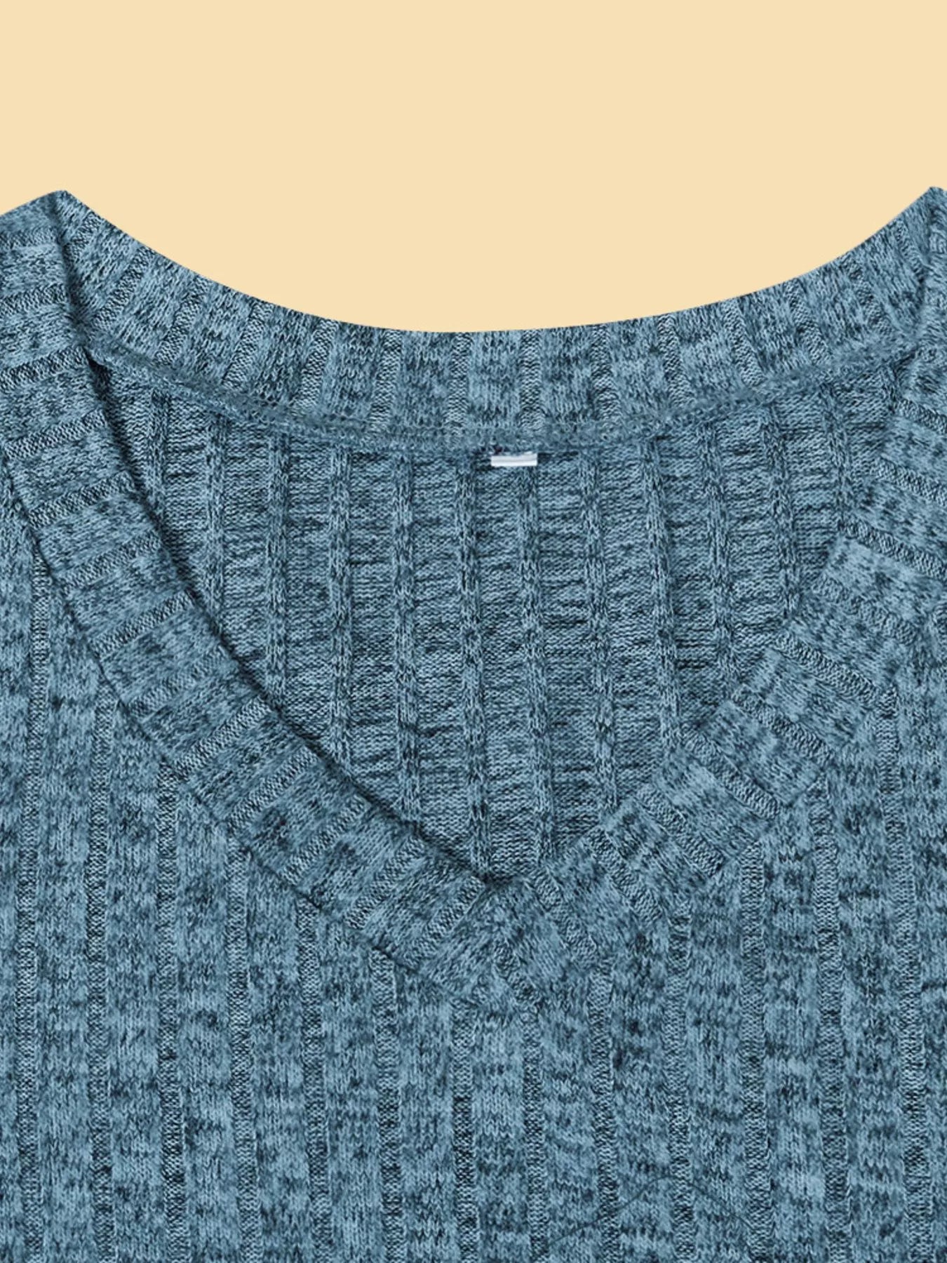 V-Neck Textured Knit Long Sleeve T-Shirt OutfitFlow