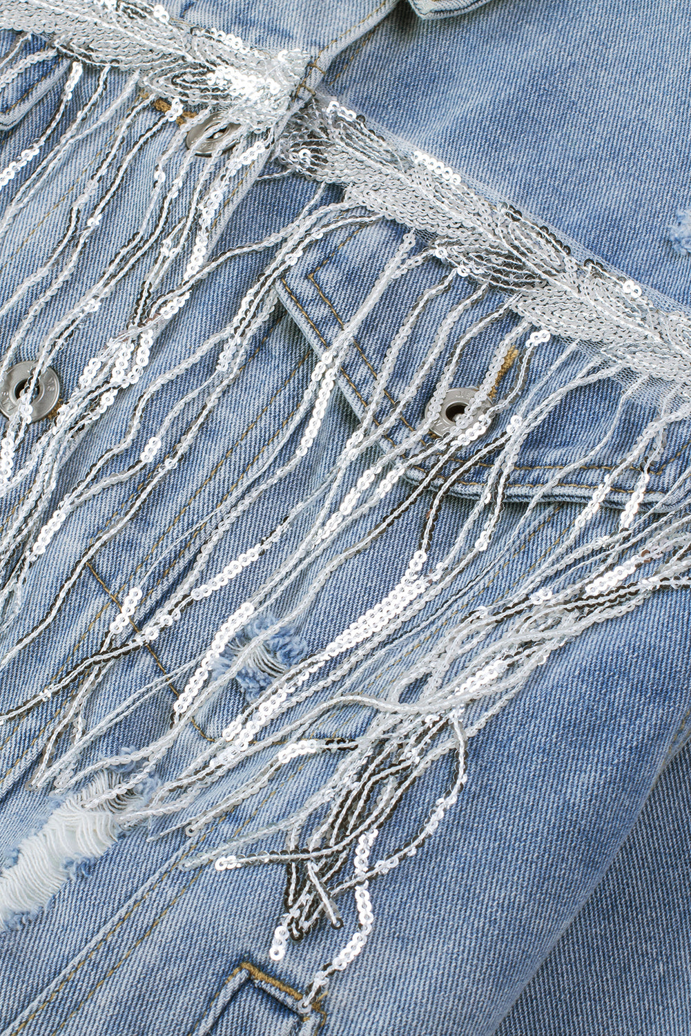 Outfit Flow - Sequin Fringe Trim Distressed Button Up Denim Jacket