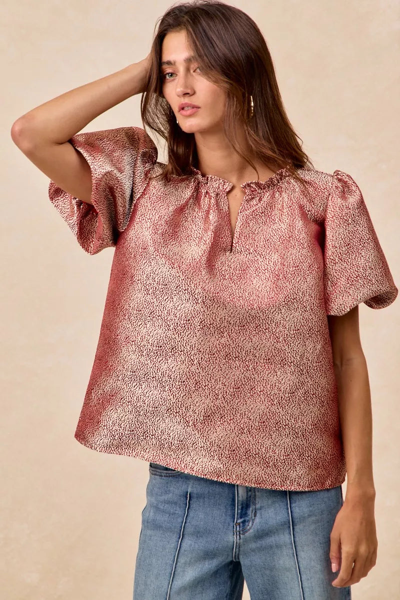 BiBi Jacquard Woven Short Balloon Sleeves V Neck Top OutfitFlow