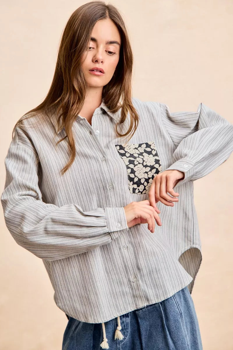 BiBi Flower Jacquard Knit Patch Pocket Stripe Shirt OutfitFlow