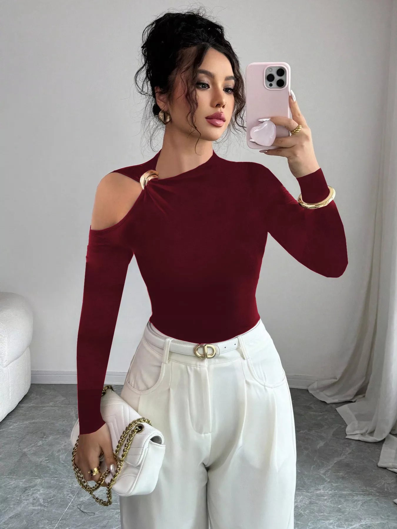 Cutout One-Shoulder Long Sleeve T-Shirt Burgundy OutfitFlow