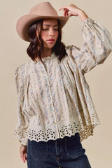 SO ME Floral Print Lace Button Down Shirt BLUE OutfitFlow