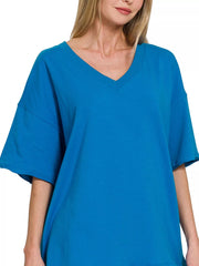 Zenana Cotton V-neck Top & Biker Shorts Set Trendsi