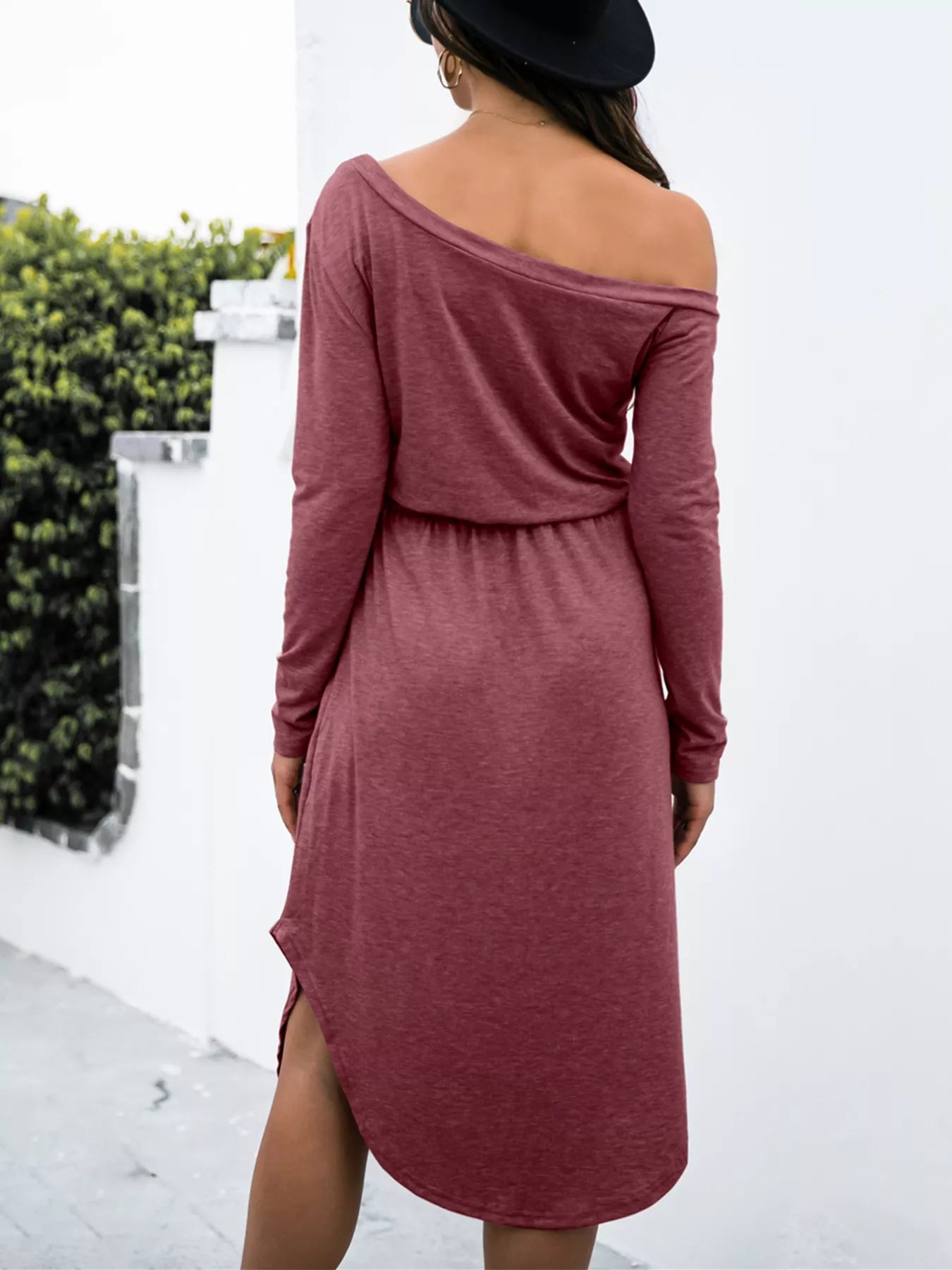 One-Shoulder Long Sleeve Midi Dress with Drawstring Waist OutfitFlow