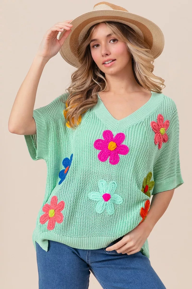 BiBi Flower Patches Dolman Sleeve Lightweight Sweater Trendsi