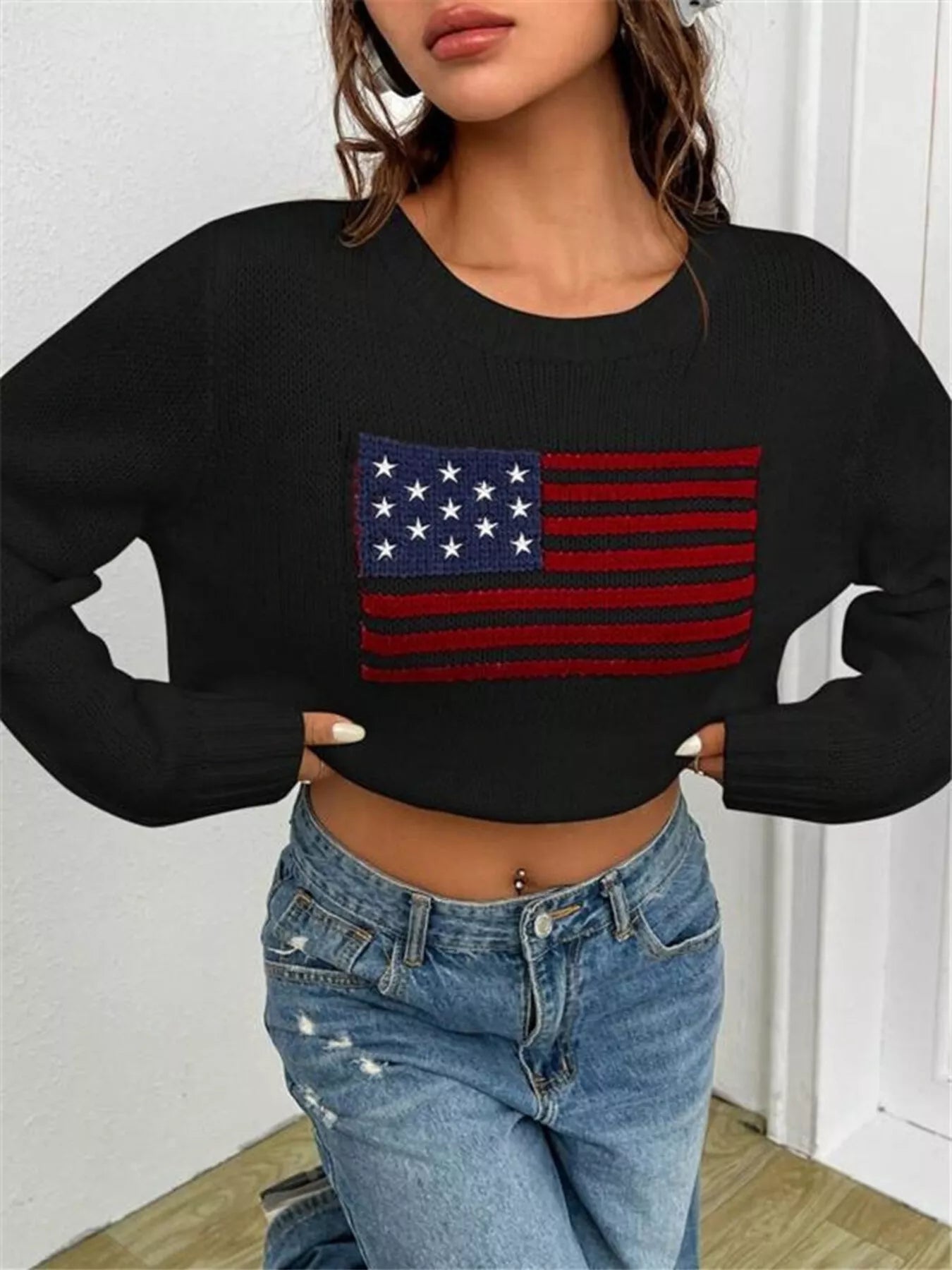 US Flag Round Neck Long Sleeve Sweater OutfitFlow