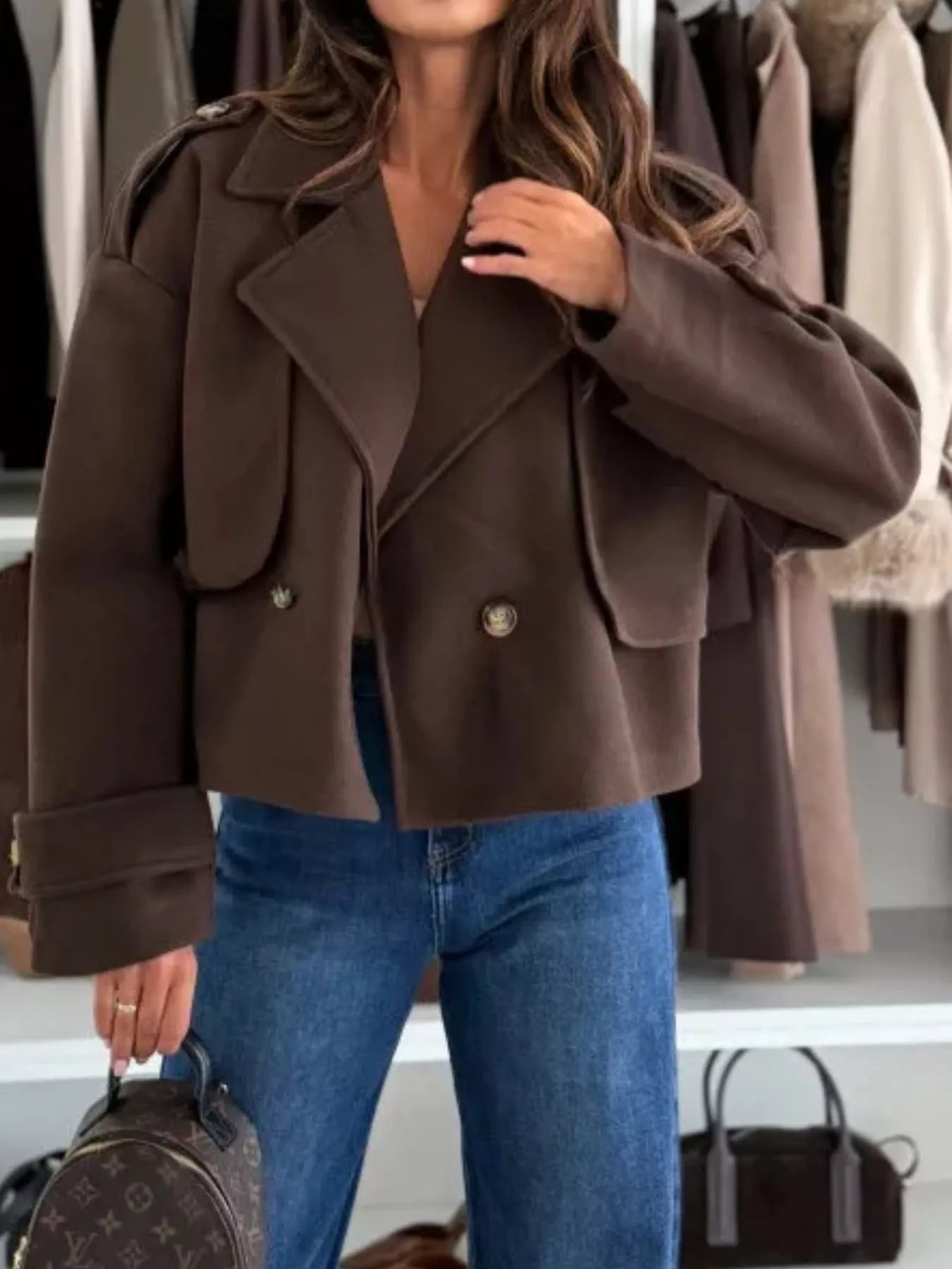 Lapel Collar Dropped Shoulder Jacket Dark Brown Trendsi