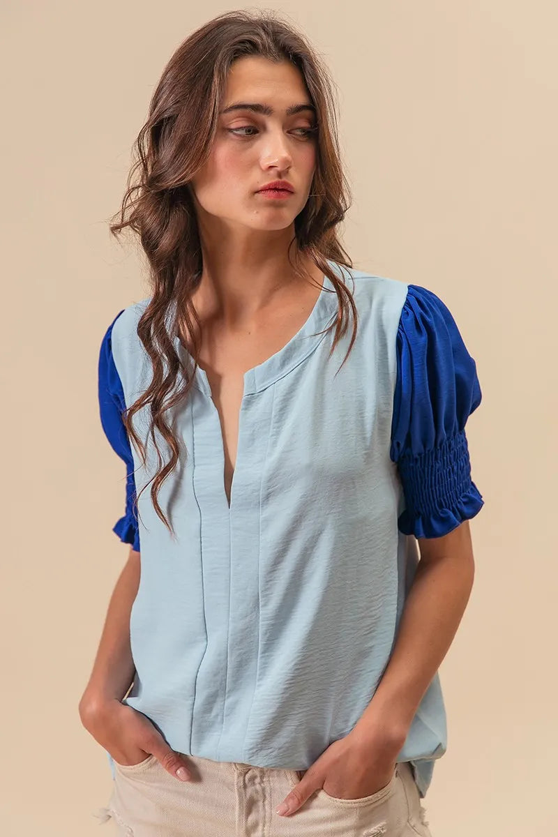 BiBi Air Flow Color Block Puff Sleeves V Neck Top OutfitFlow