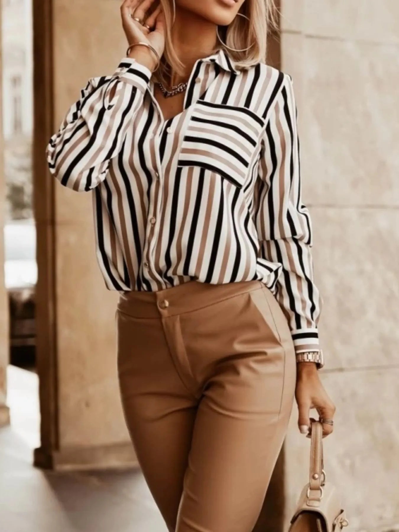 Striped Button-Down Long Sleeve Shirt OutfitFlow