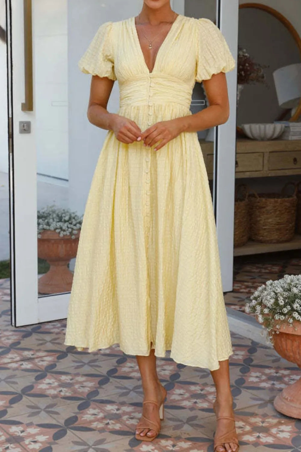 V-Neck Puff Short Sleeve Midi Dress OutfitFlow