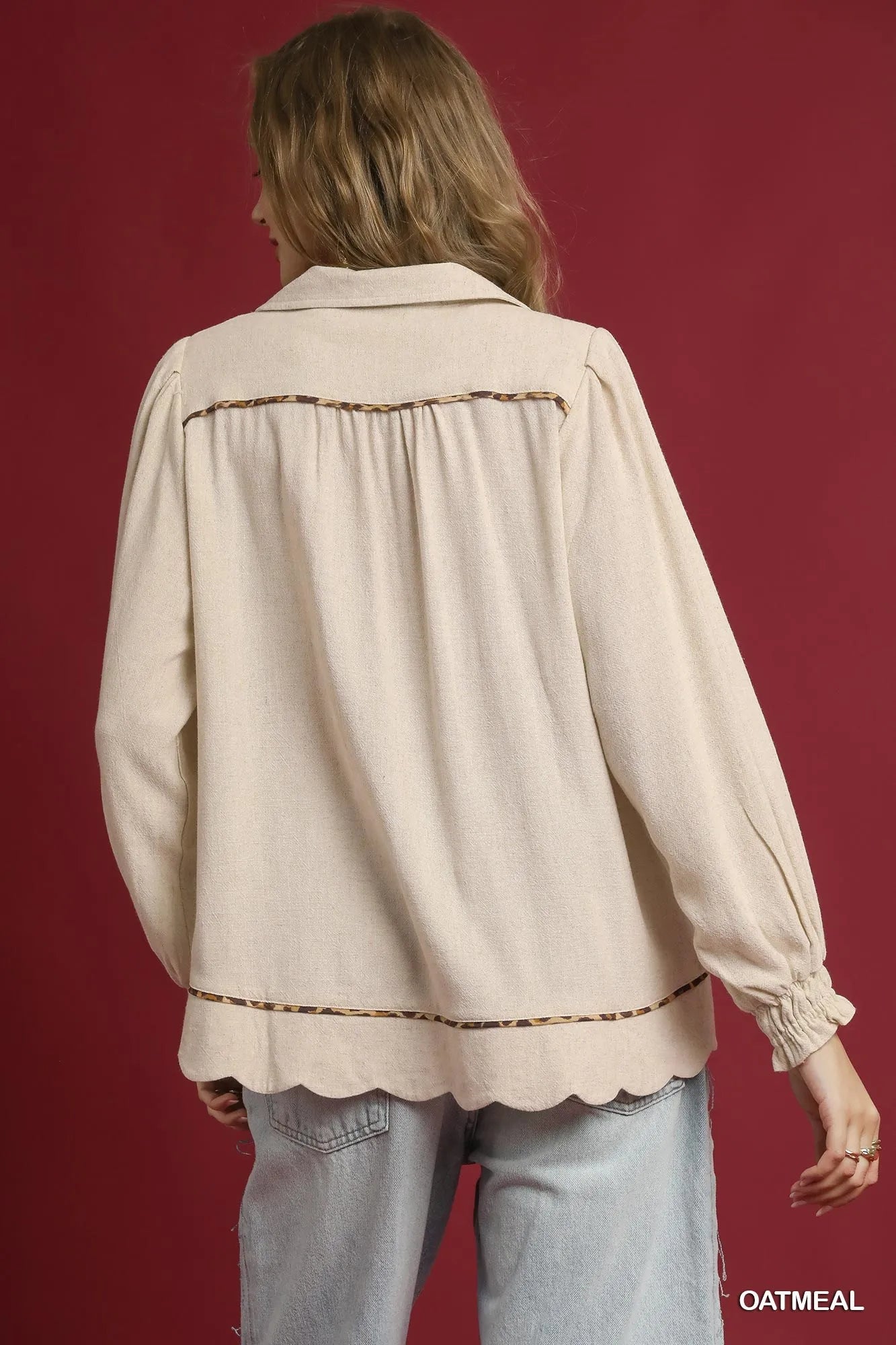 Umgee Full Size Linen Scallop Hem Blouse with Contrast Trim Plus Size Trendsi
