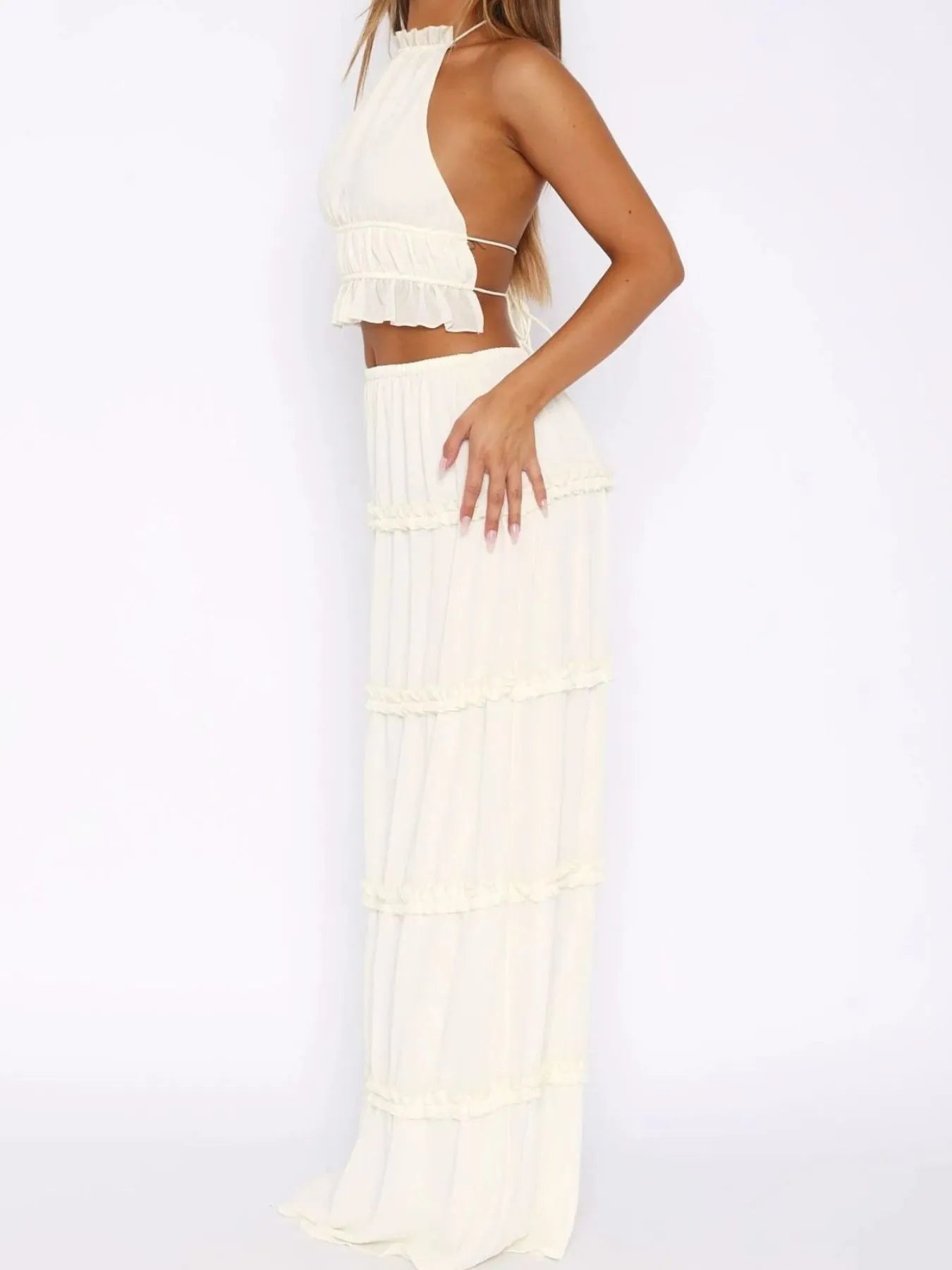 Halter Crop Backless Top and Maxi Skirt Set OutfitFlow