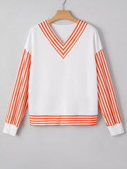 Stripe V Neck Drop Shoulder Patchwork Long Sleeve Top OutfitFlow