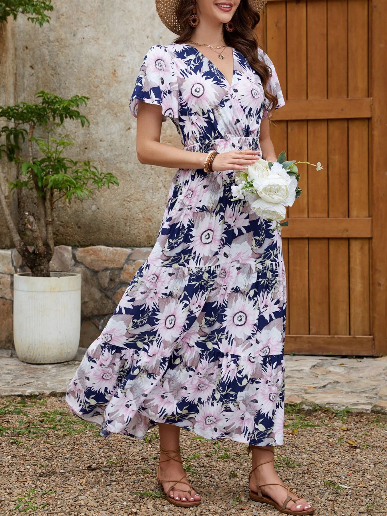 Floral Print Surplice Midi Dress OutfitFlow