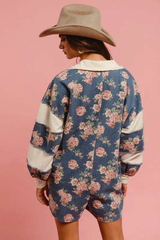 BiBi Washed Floral Denim Romper With Contrast Collar OutfitFlow