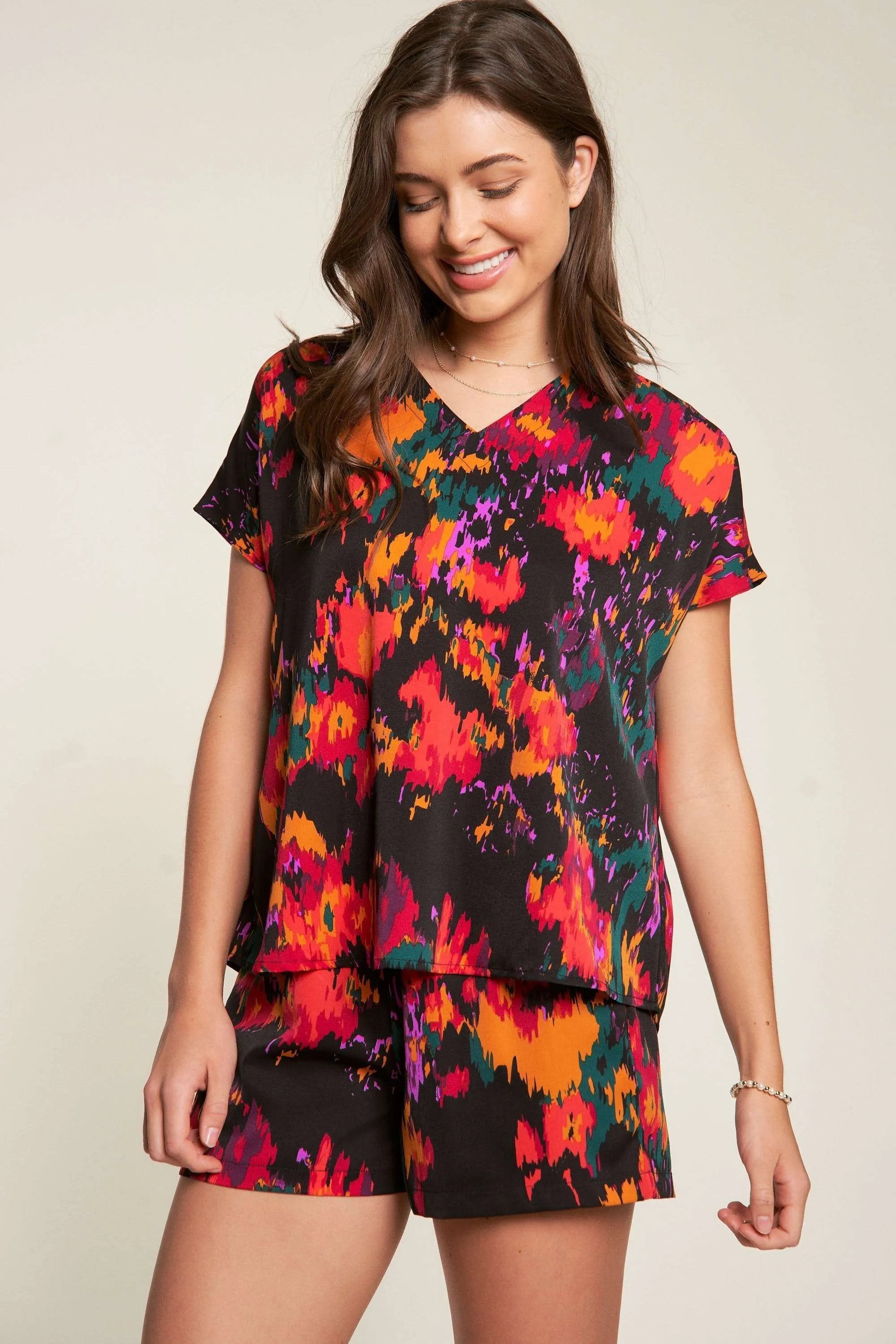 Davi & Dani Printed V Neck Short Sleeve Top and Shorts Set OutfitFlow