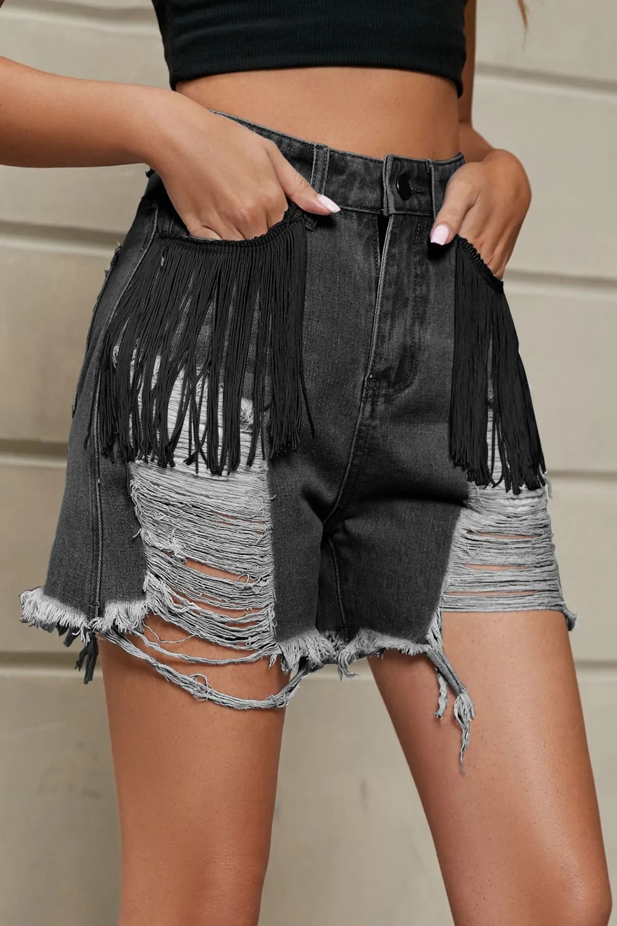 Distressed Fringe Denim Shorts OutfitFlow