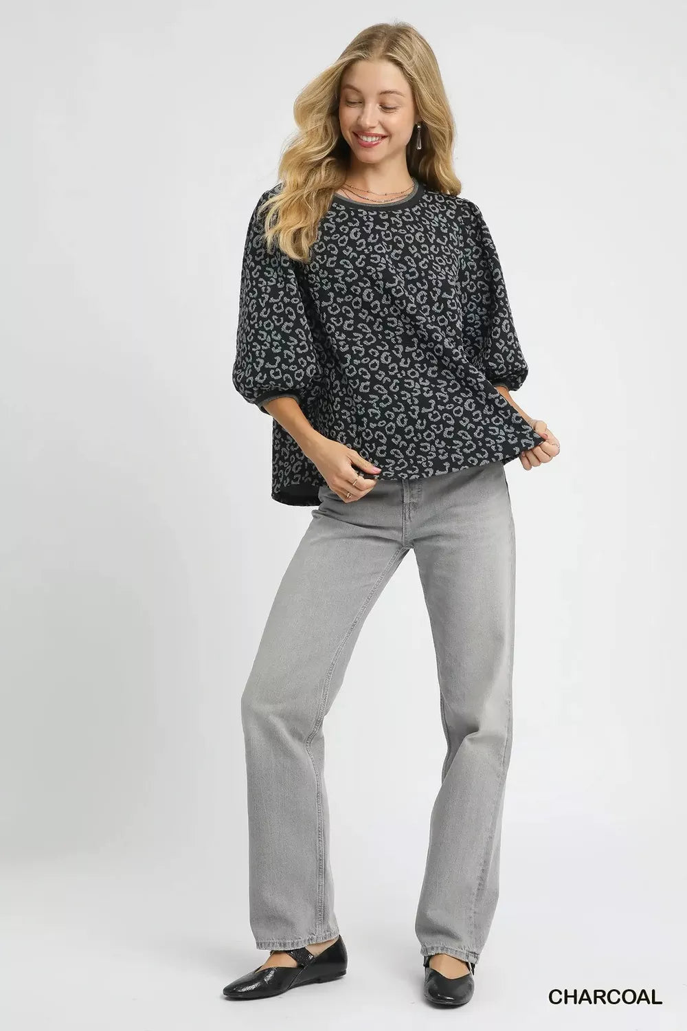 Umgee Leopard Print Jacquard Blouse with Puff Sleeves OutfitFlow