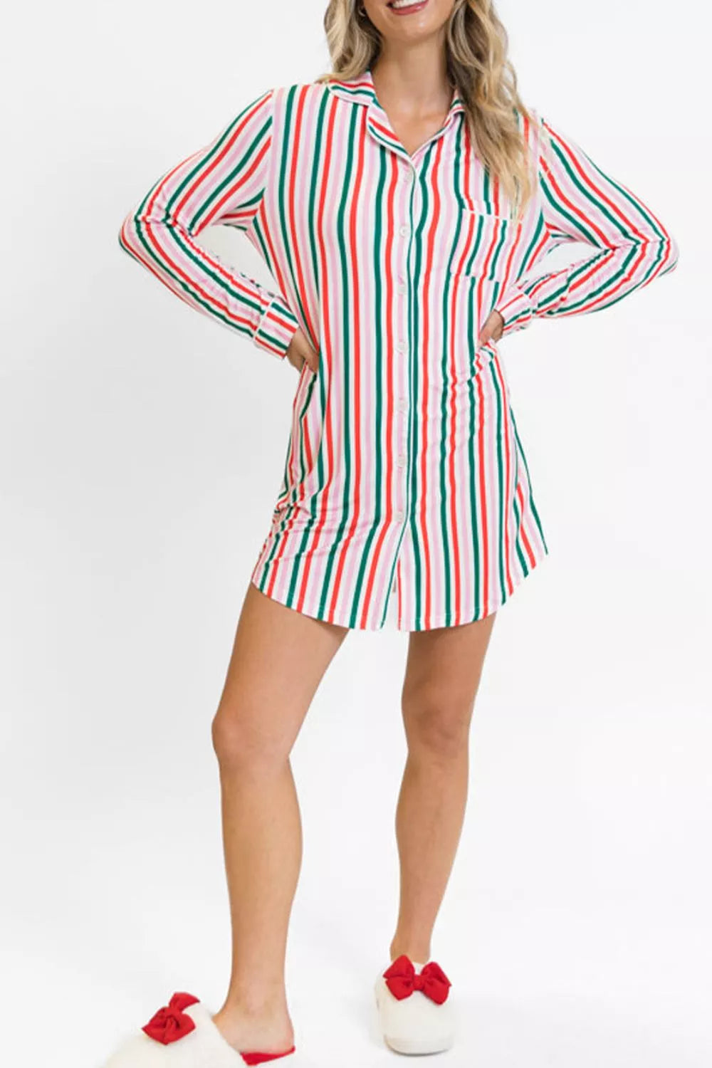 Striped Button Front Long Sleeve Shirt Dress OutfitFlow