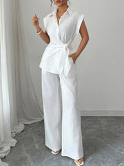 Collared Neck Cap Sleeve Top and Pants Set OutfitFlow