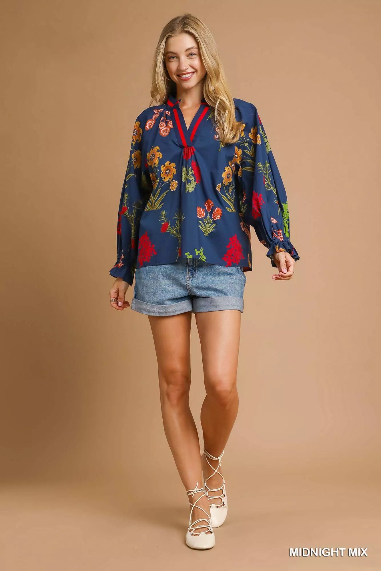 Umgee Floral Print Flounce Sleeve Blouse OutfitFlow