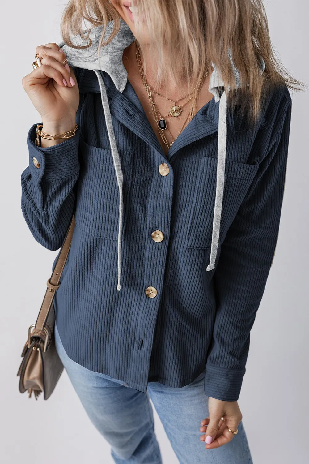 Drawstring Button Up Long Sleeve Hooded Jacket French Blue OutfitFlow