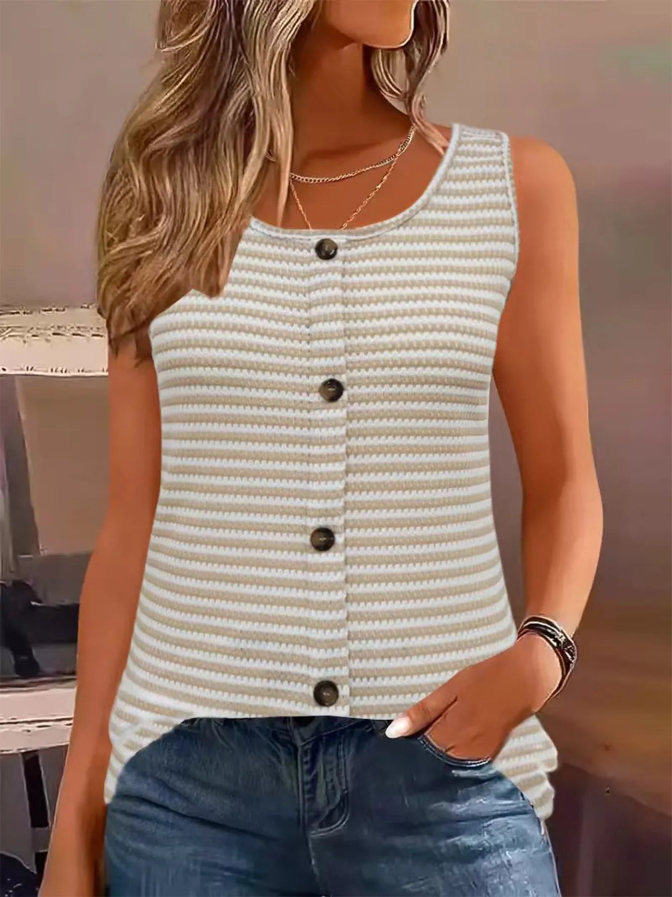 Striped Button Front Knit Tank Top Khaki OutfitFlow