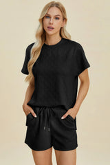 Double Take Full Size Texture Round Neck Short Sleeve Top and Shorts Set Black OutfitFlow