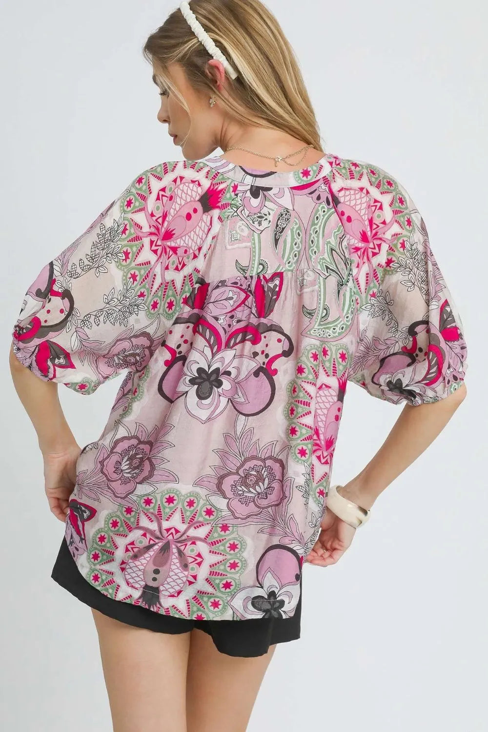 Umgee Floral Print Half Sleeve Blouse OutfitFlow