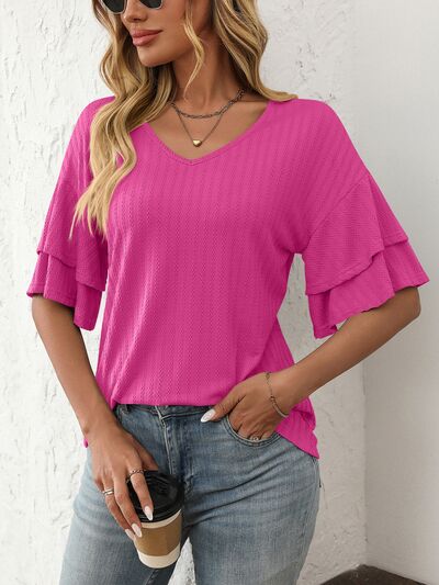 Mandy V-Neck Ruffle Half Sleeve Top Hot Pink OutfitFlow