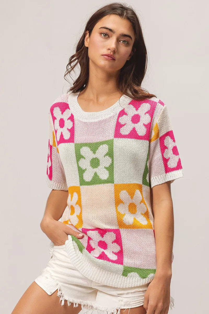 BiBi Flower Checker Pattern Lightweight Sweater Top OutfitFlow