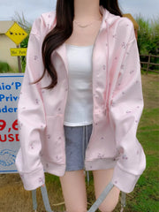 Floral Print Zip-Up Hoodie OutfitFlow