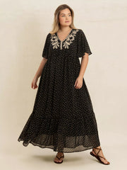 Plus Size Printed V-Neck Flutter Sleeve Maxi Dress OutfitFlow