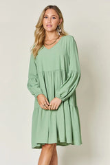 Double Take Full Size V-Neck Balloon Sleeve Tiered Dress with Pockets OutfitFlow