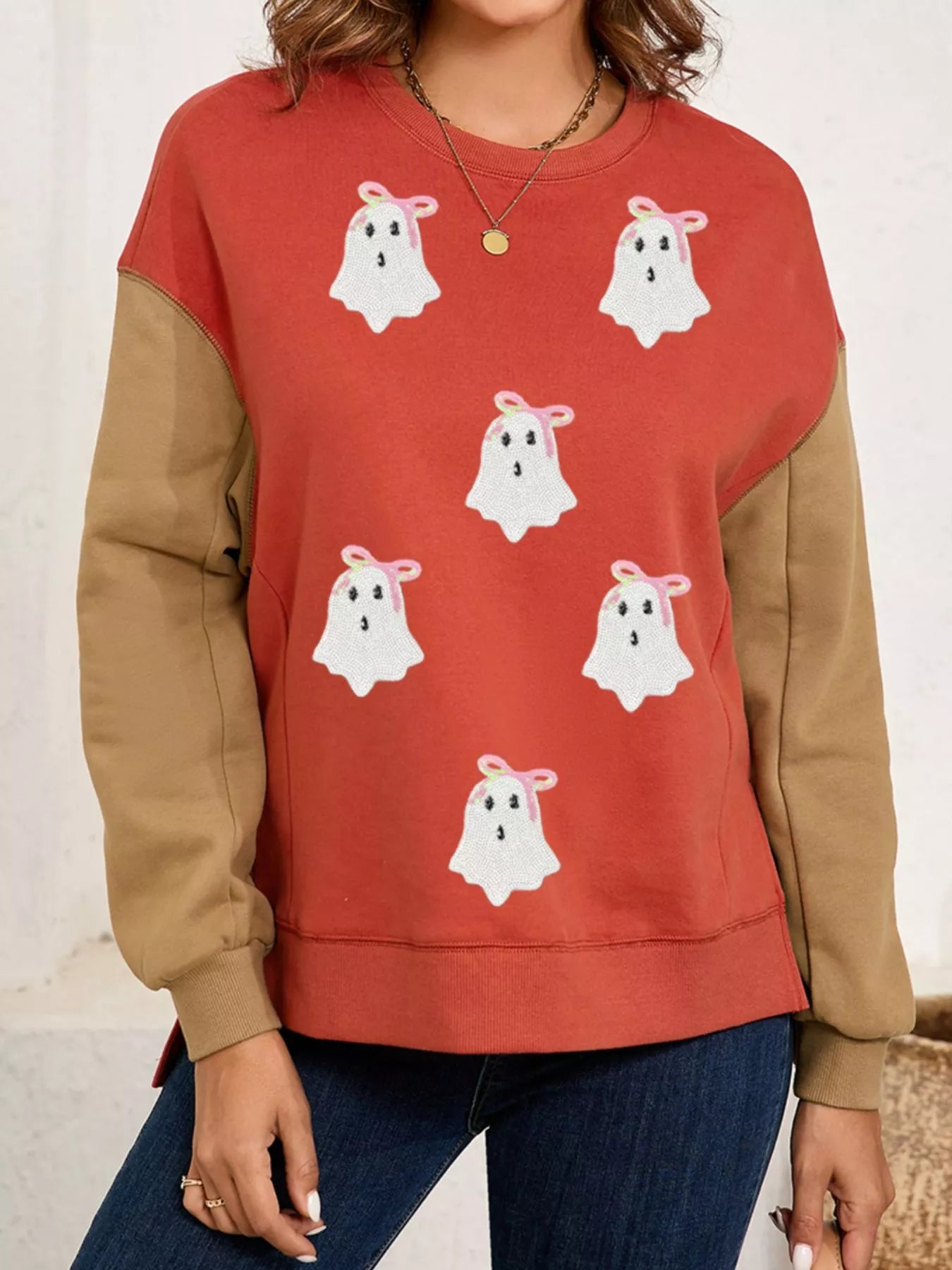 Halloween Glitter Ghost Patched Pattern Color Block Sweatshirt OutfitFlow