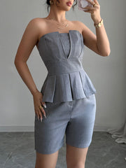 Strapless Peplum Top and Shorts Two-Piece Set OutfitFlow