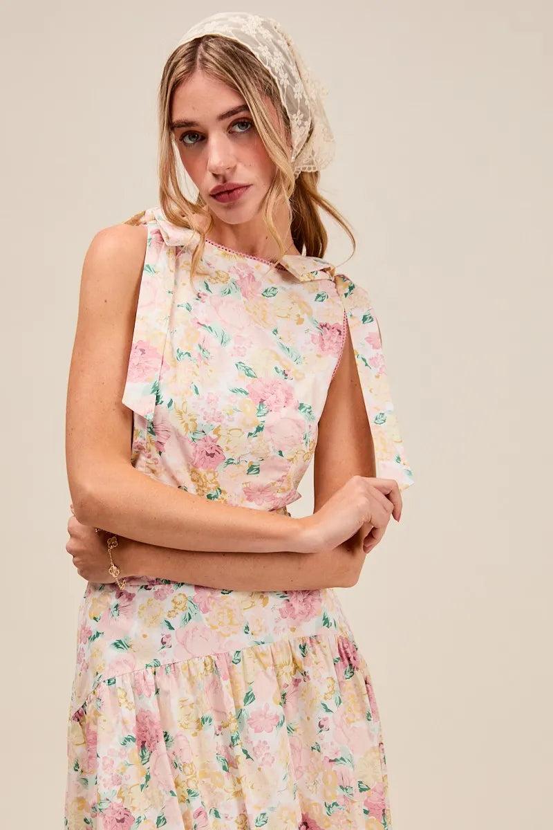 SO ME Floral Printed Woven Shoulder Bow Tie Top and Skirt Set OutfitFlow