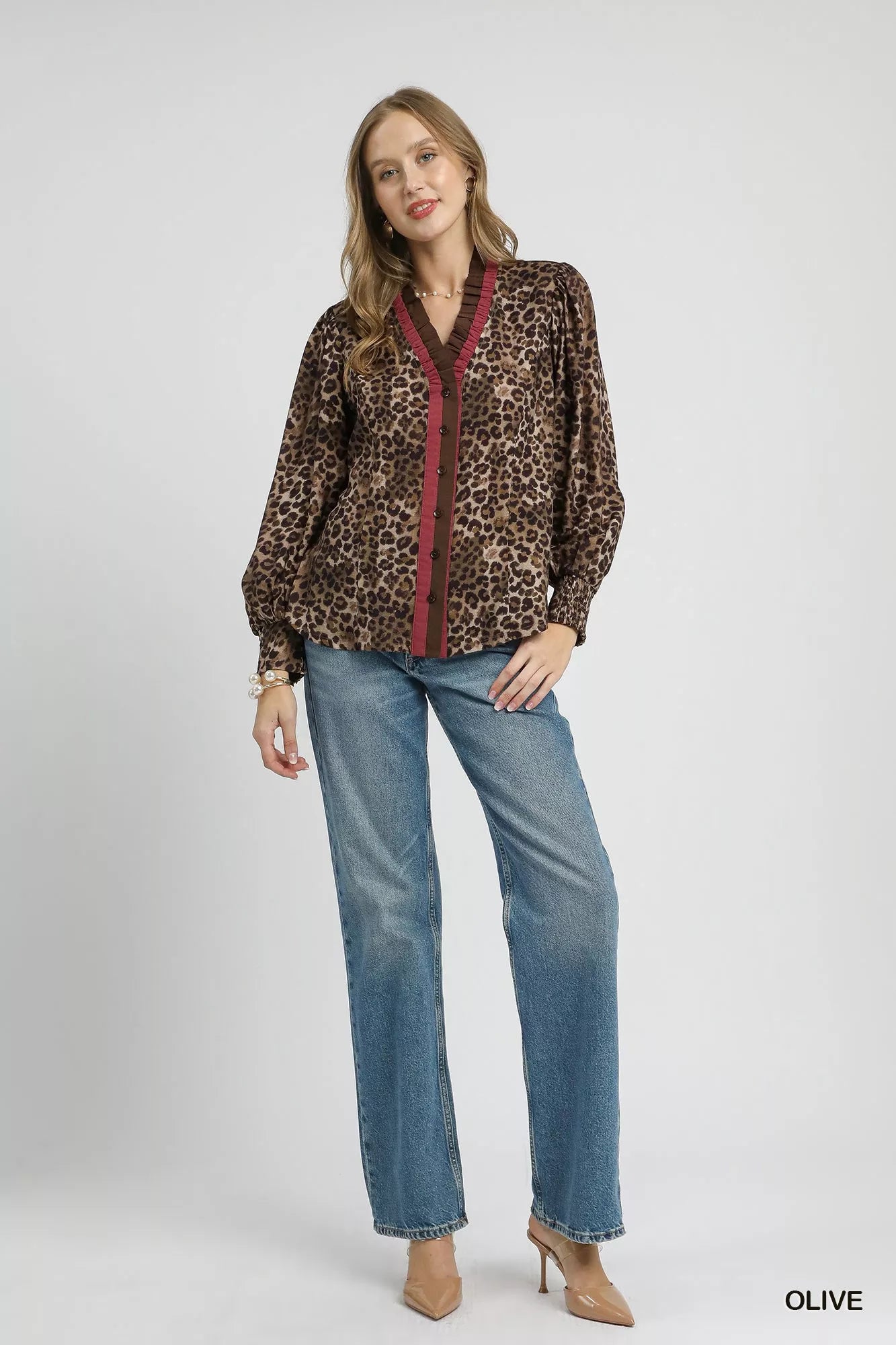 Umgee Ruffle Trim Leopard Print Shirt Trendsi