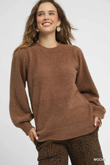 Umgee Textured Long Sleeve Sweater with Ribbed Trim Mocha Trendsi