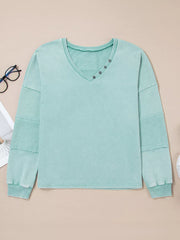 Mineral Wash Exposed Seam Buttoned V Neck Top OutfitFlow
