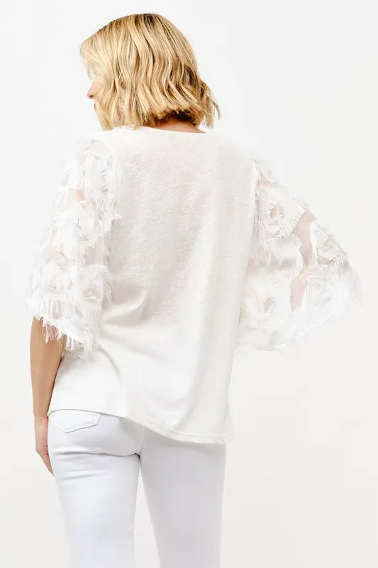 And The Why Feather Detailed 3/4 Sleeve Slub Top OutfitFlow