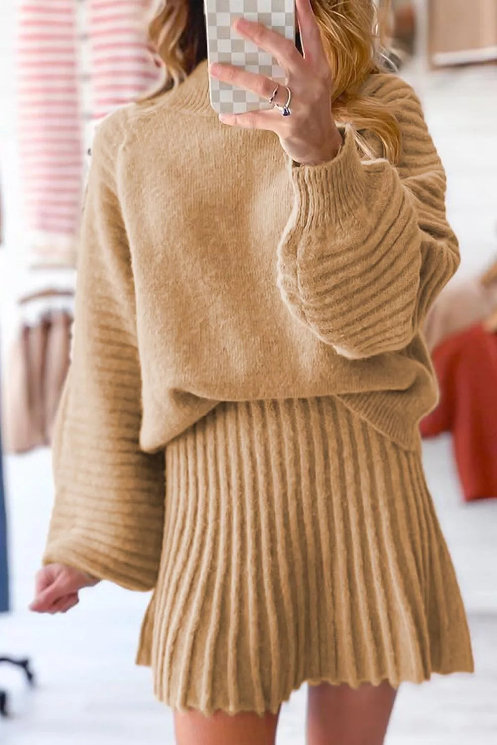 Ribbed Knit Long Sleeve Top and Skirt Sweater Set OutfitFlow