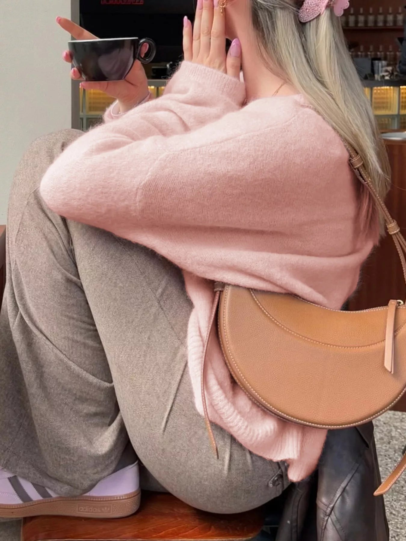 Ribbed Round Neck Dropped Shoulder Sweater OutfitFlow