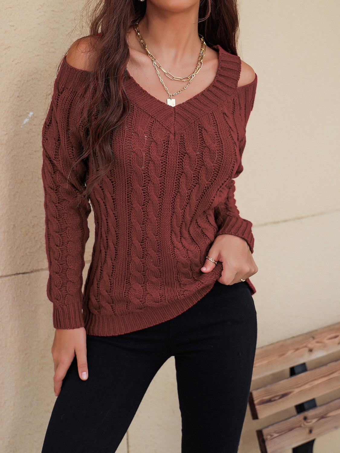 Outfit Flow - Honey Cable-Knit V-Neck Cold Shoulder Sweater