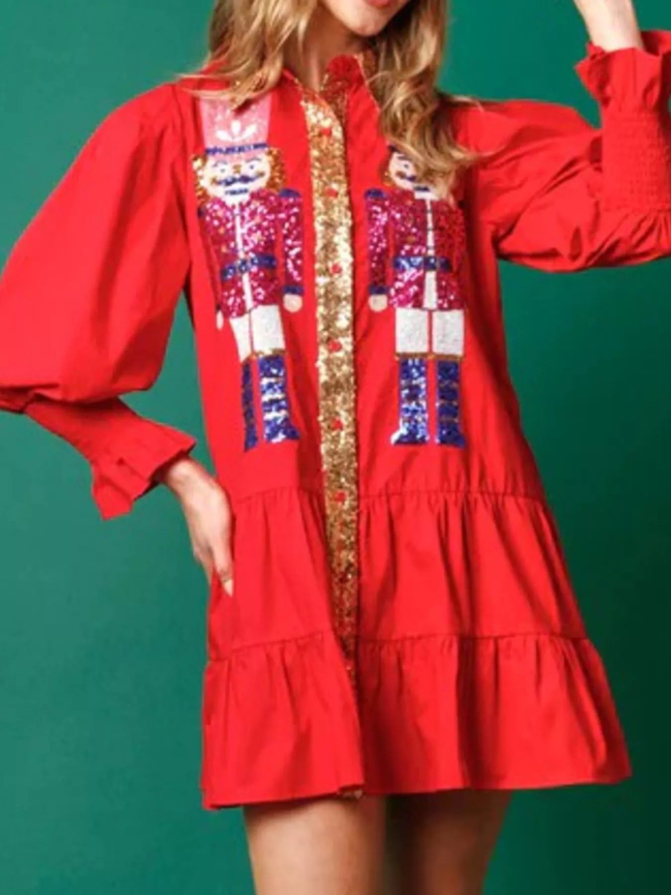 Full Size Christmas Sequin Nutcracker Tiered Shirt Dress Plus Size Red OutfitFlow