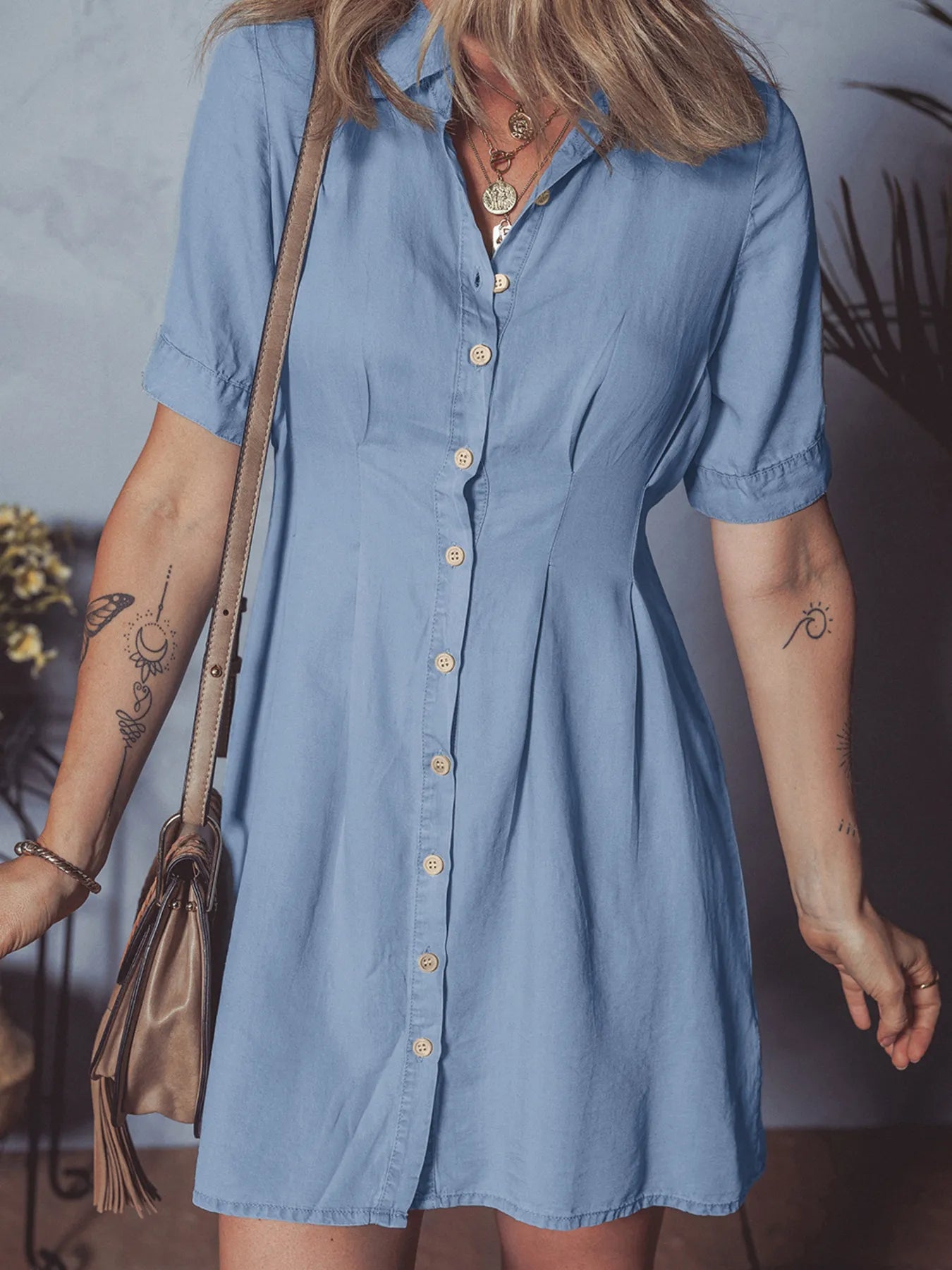 Denim Pleated Slim Waist Short Sleeve Shirt Dress OutfitFlow